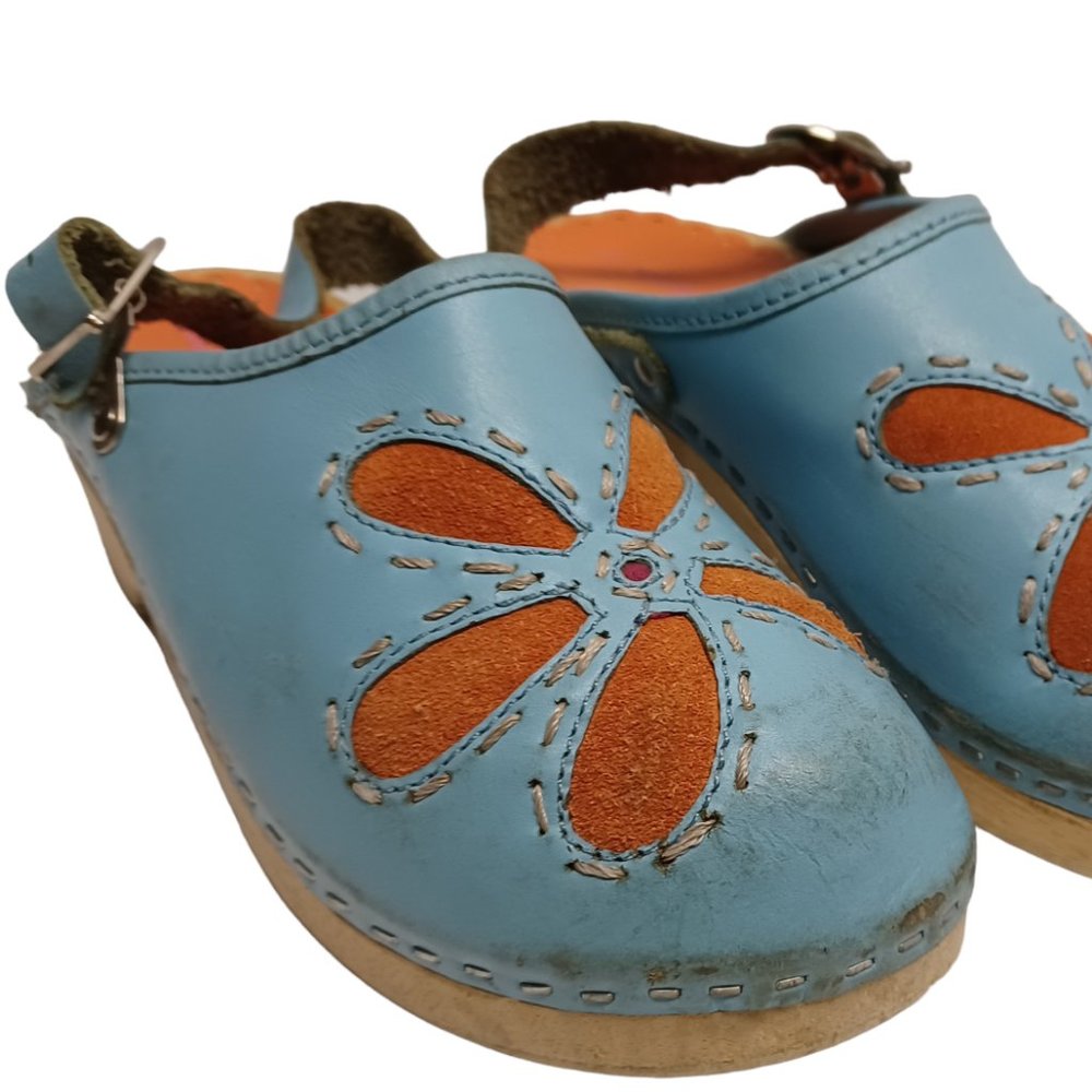 HANNA ANDERSSON CLOGS, BLUE/ORANGE, SIZE 2